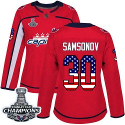 Authentic Women's Ilya Samsonov Red Jersey - #30 Hockey Washington Capitals 2018 Stanley Cup Final Champions USA Flag Fashion