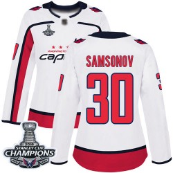 Authentic Women's Ilya Samsonov White Away Jersey - #30 Hockey Washington Capitals 2018 Stanley Cup Final Champions