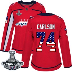 Authentic Women's John Carlson Red Jersey - #74 Hockey Washington Capitals 2018 Stanley Cup Final Champions USA Flag Fashion