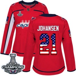 Authentic Women's Lucas Johansen Red Jersey - #21 Hockey Washington Capitals 2018 Stanley Cup Final Champions USA Flag Fashion